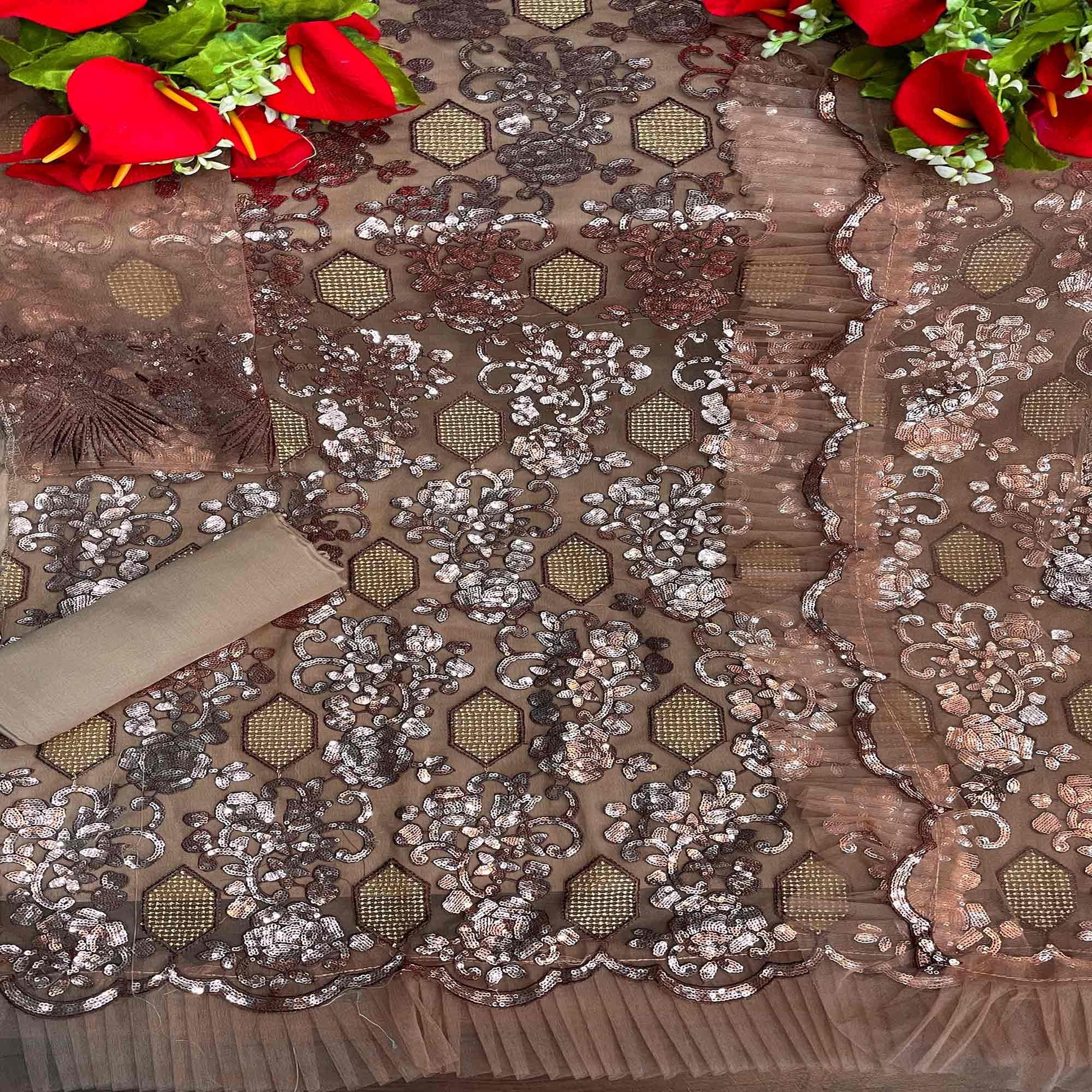 Brown Embellished With Embroidered Net Pakistani Suit
