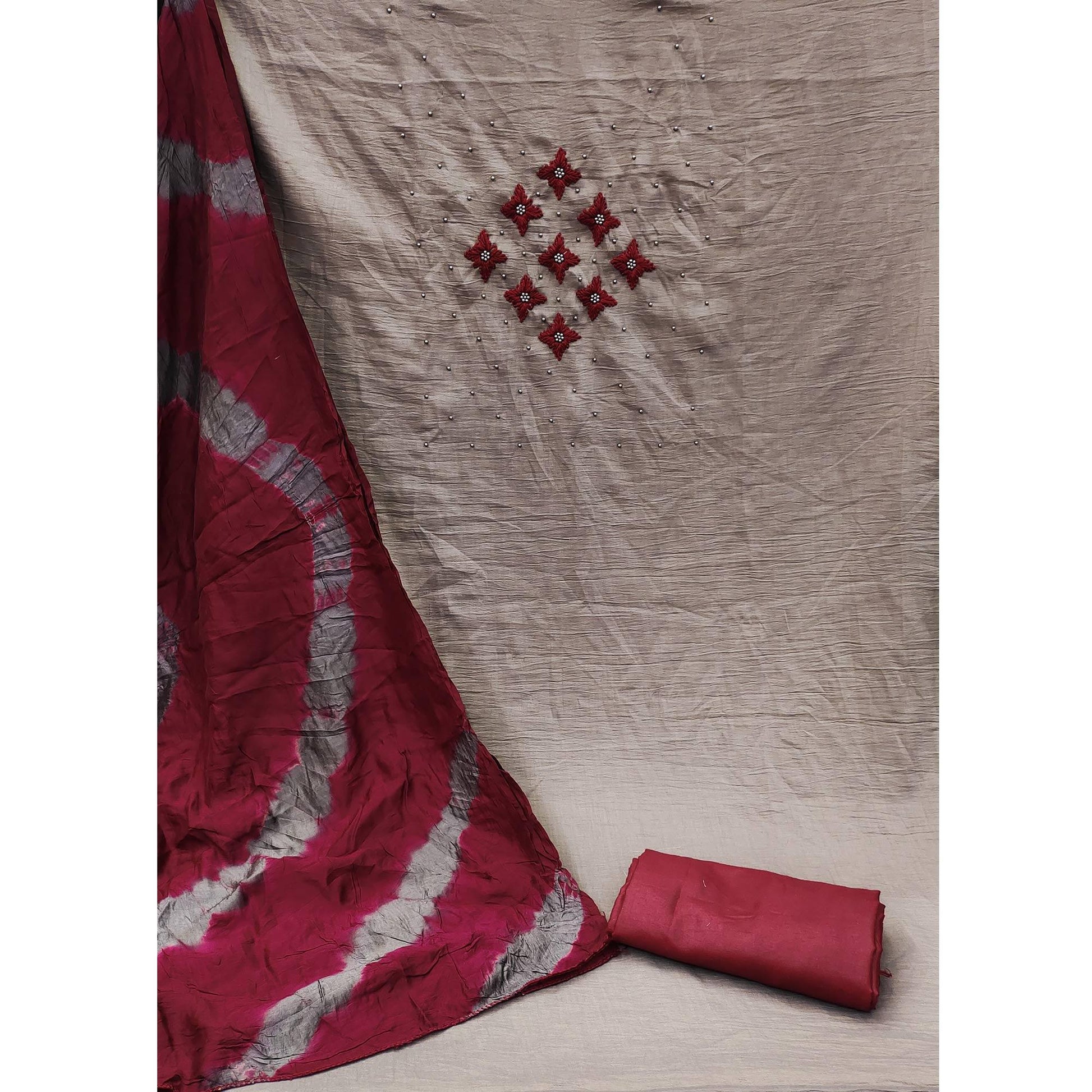 Brown Embroidered Art Silk Dress Material