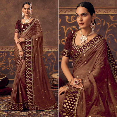 Brown Embroidered Chiffon Saree