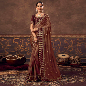 Brown Embroidered Chiffon Saree