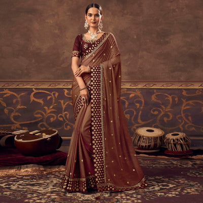 Brown Embroidered Chiffon Saree