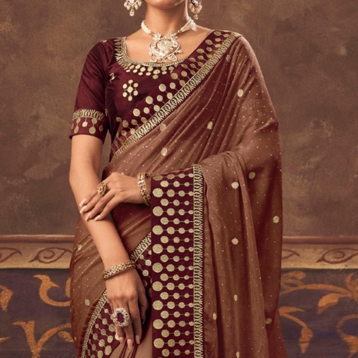Brown Embroidered Chiffon Saree
