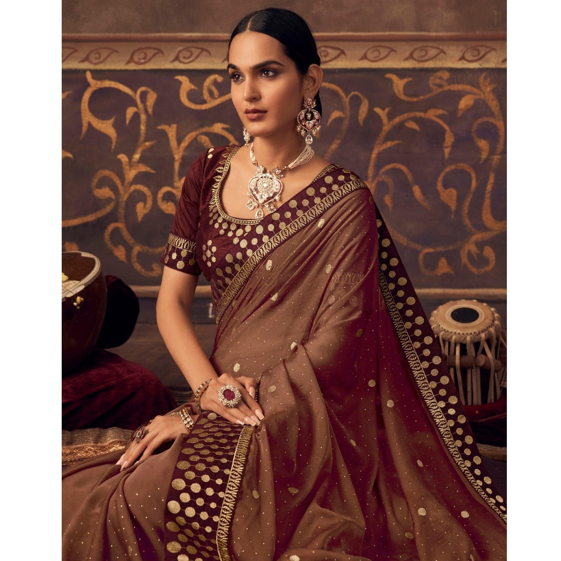 Brown Embroidered Chiffon Saree