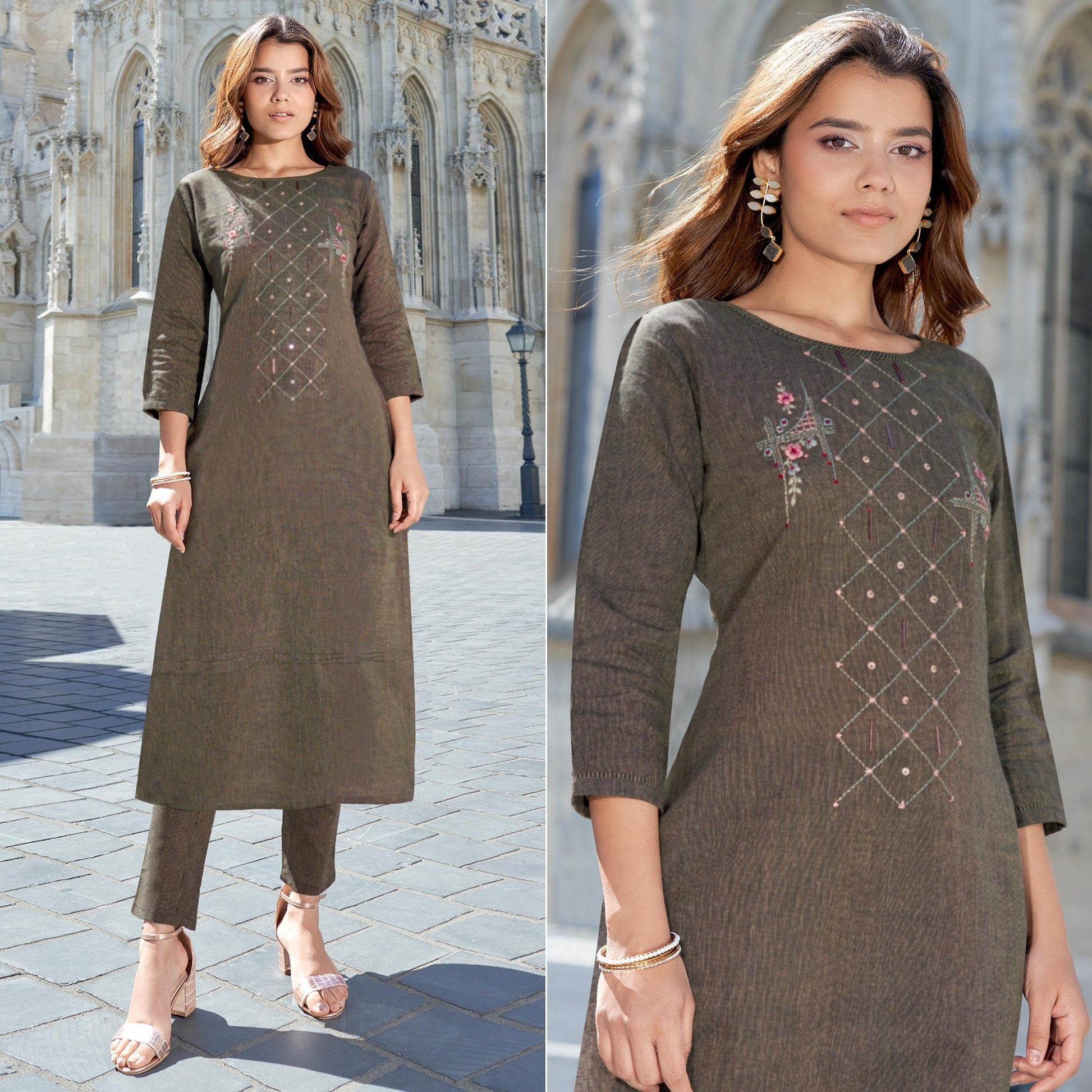 Brown Embroidered Cotton Blend Kurti Pant Set