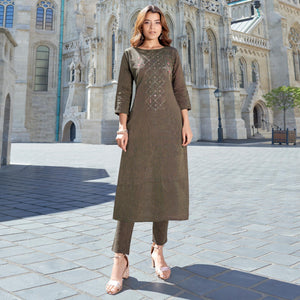 Brown Embroidered Cotton Blend Kurti Pant Set