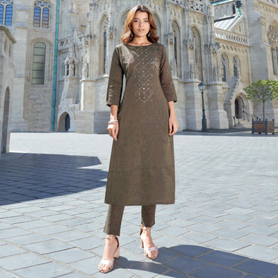 Brown Embroidered Cotton Blend Kurti Pant Set