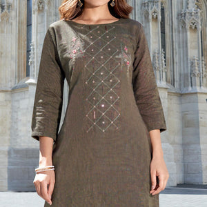 Brown Embroidered Cotton Blend Kurti Pant Set
