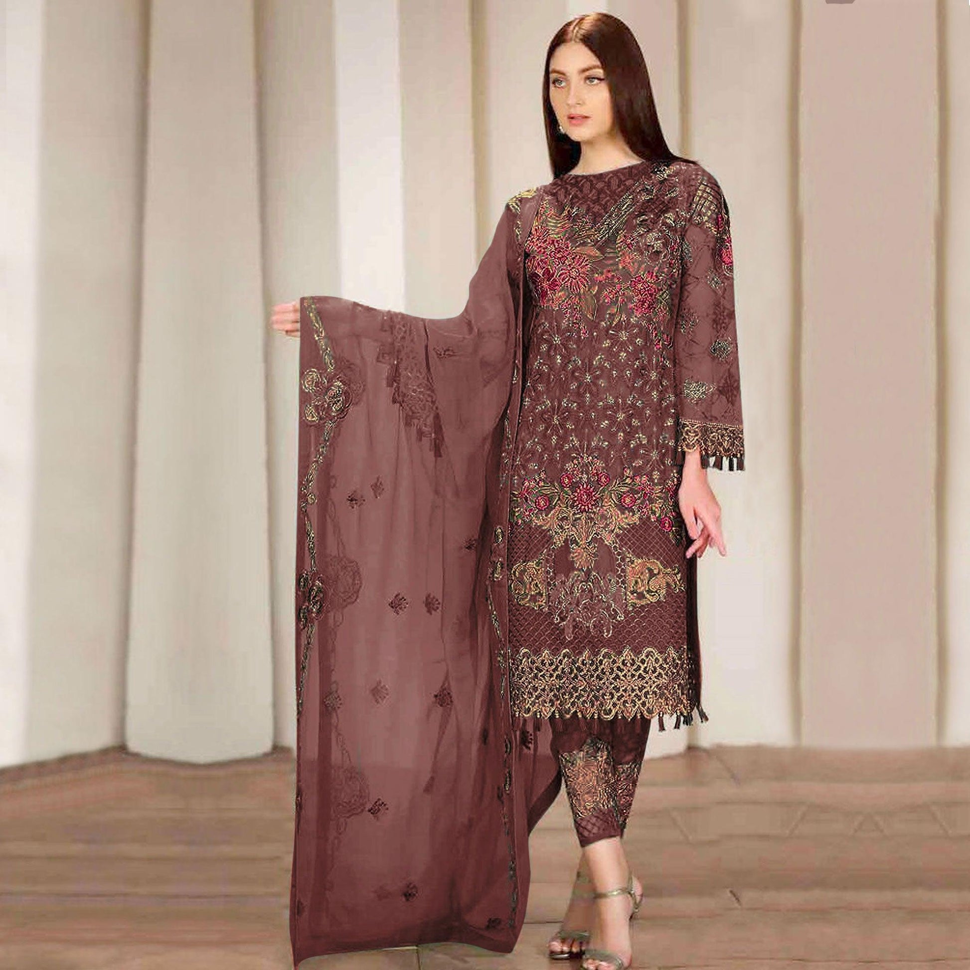 Brown Embroidered Georgette Pakistani Suit