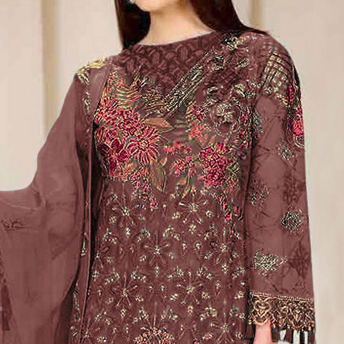 Brown Embroidered Georgette Pakistani Suit