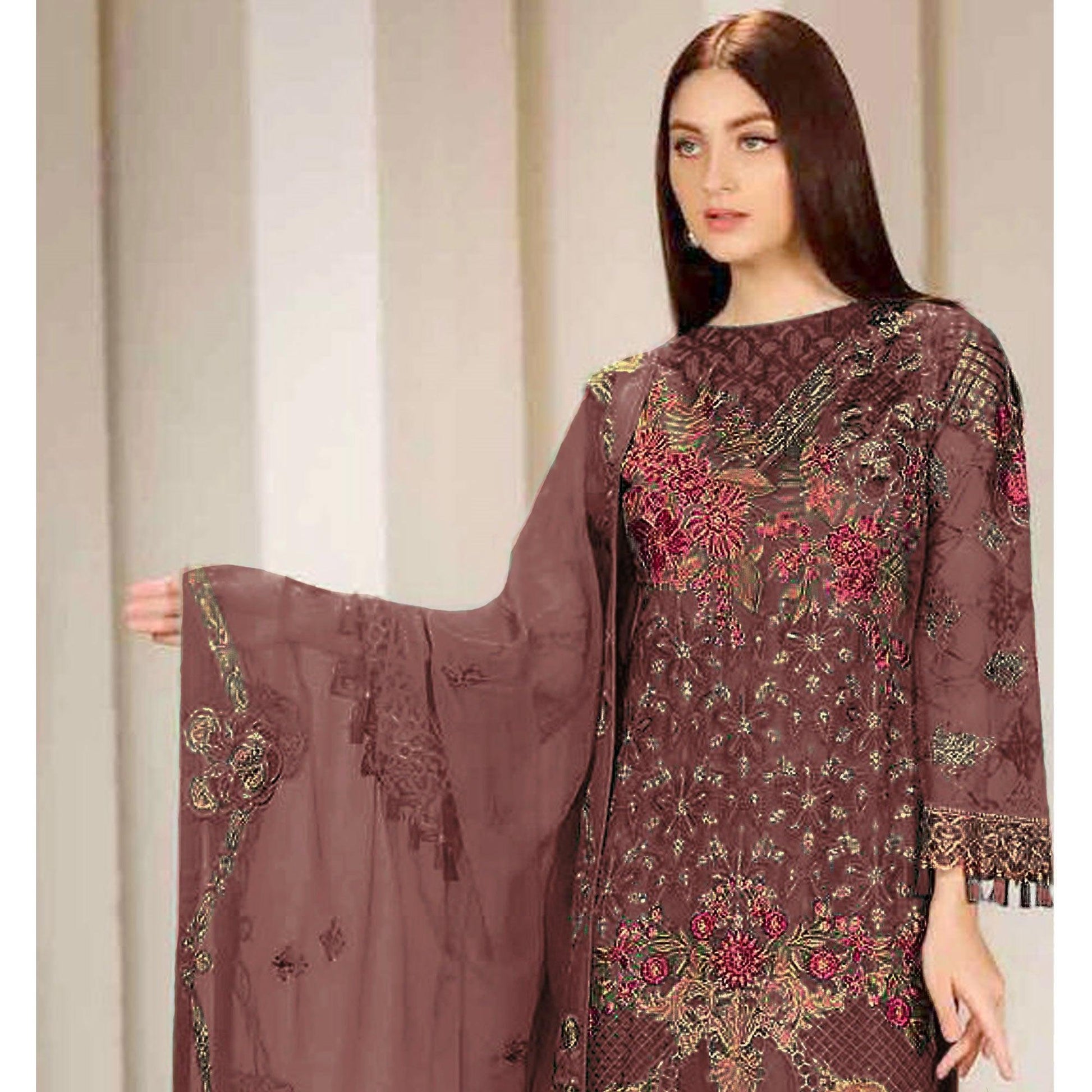 Brown Embroidered Georgette Pakistani Suit