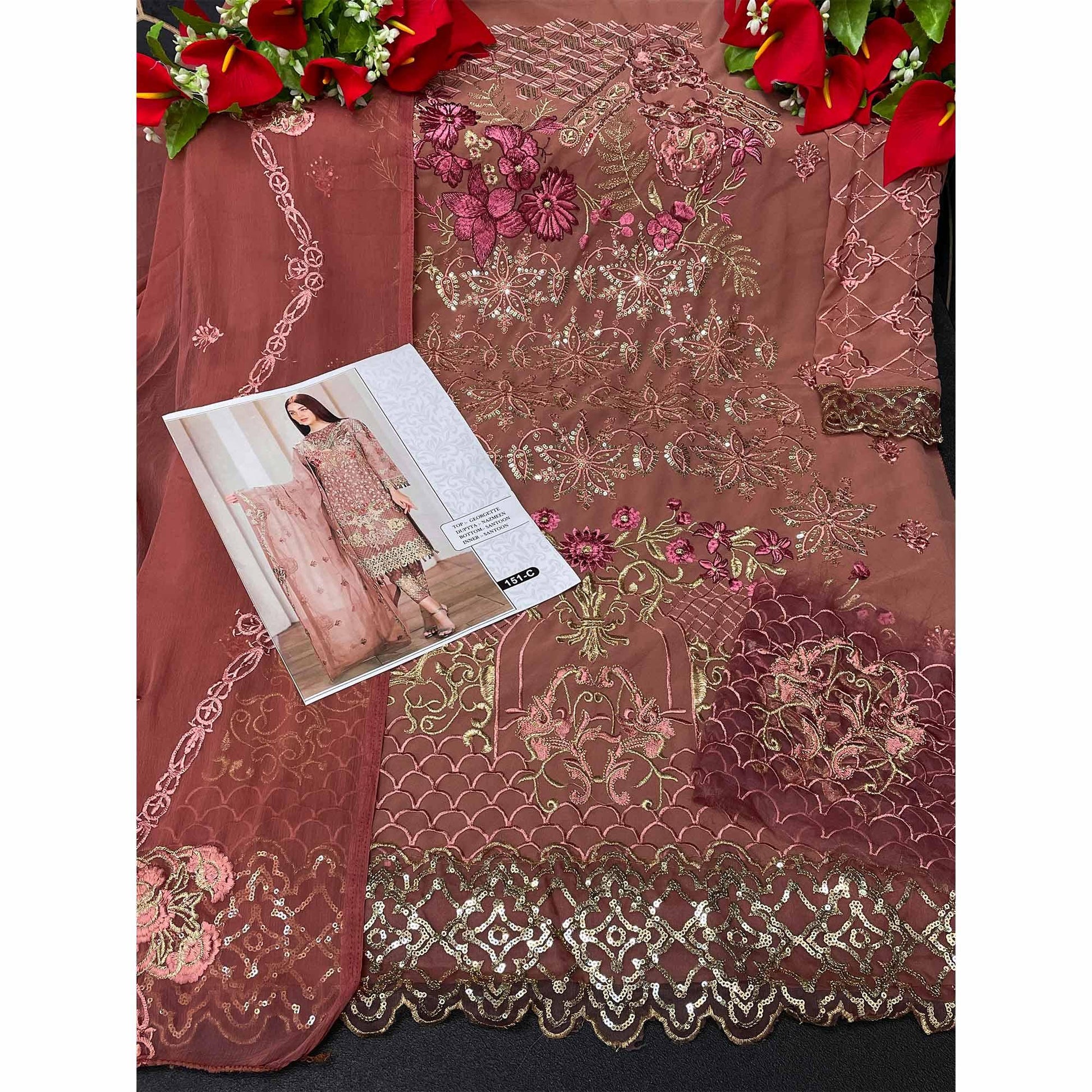 Brown Embroidered Georgette Pakistani Suit