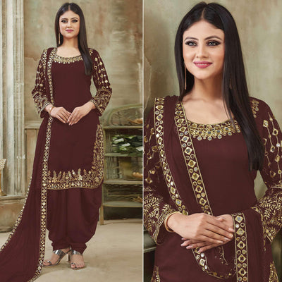 Brown Embroidered Georgette Patiala Suit