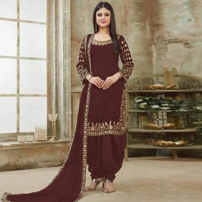 Brown Embroidered Georgette Patiala Suit