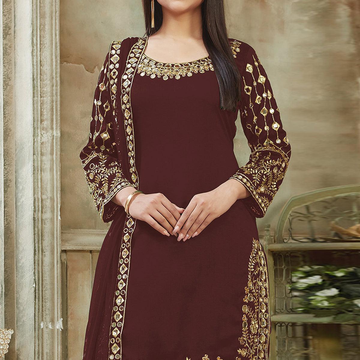 Brown Embroidered Georgette Patiala Suit