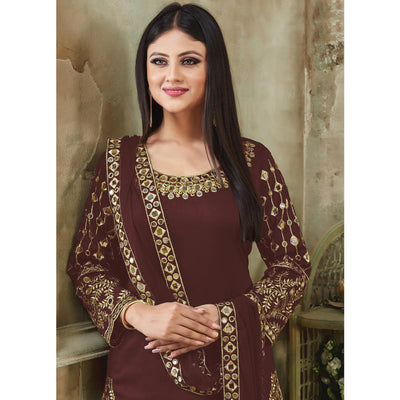 Brown Embroidered Georgette Patiala Suit