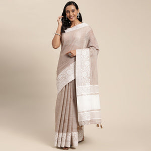 Brown Embroidered Linen Saree with Tassels