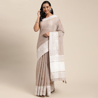 Brown Embroidered Linen Saree with Tassels
