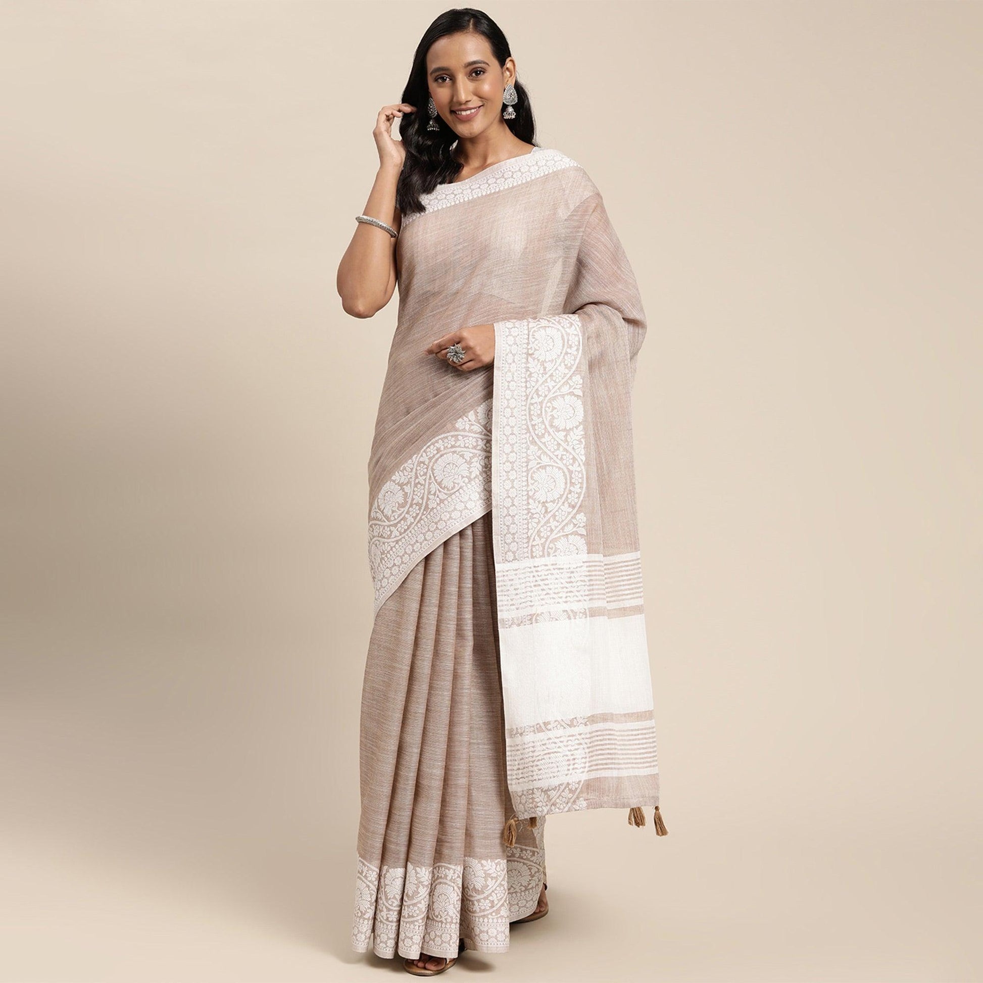 Brown Embroidered Linen Saree with Tassels