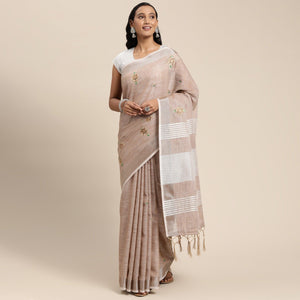 Brown Embroidered Linen Saree With Tassels