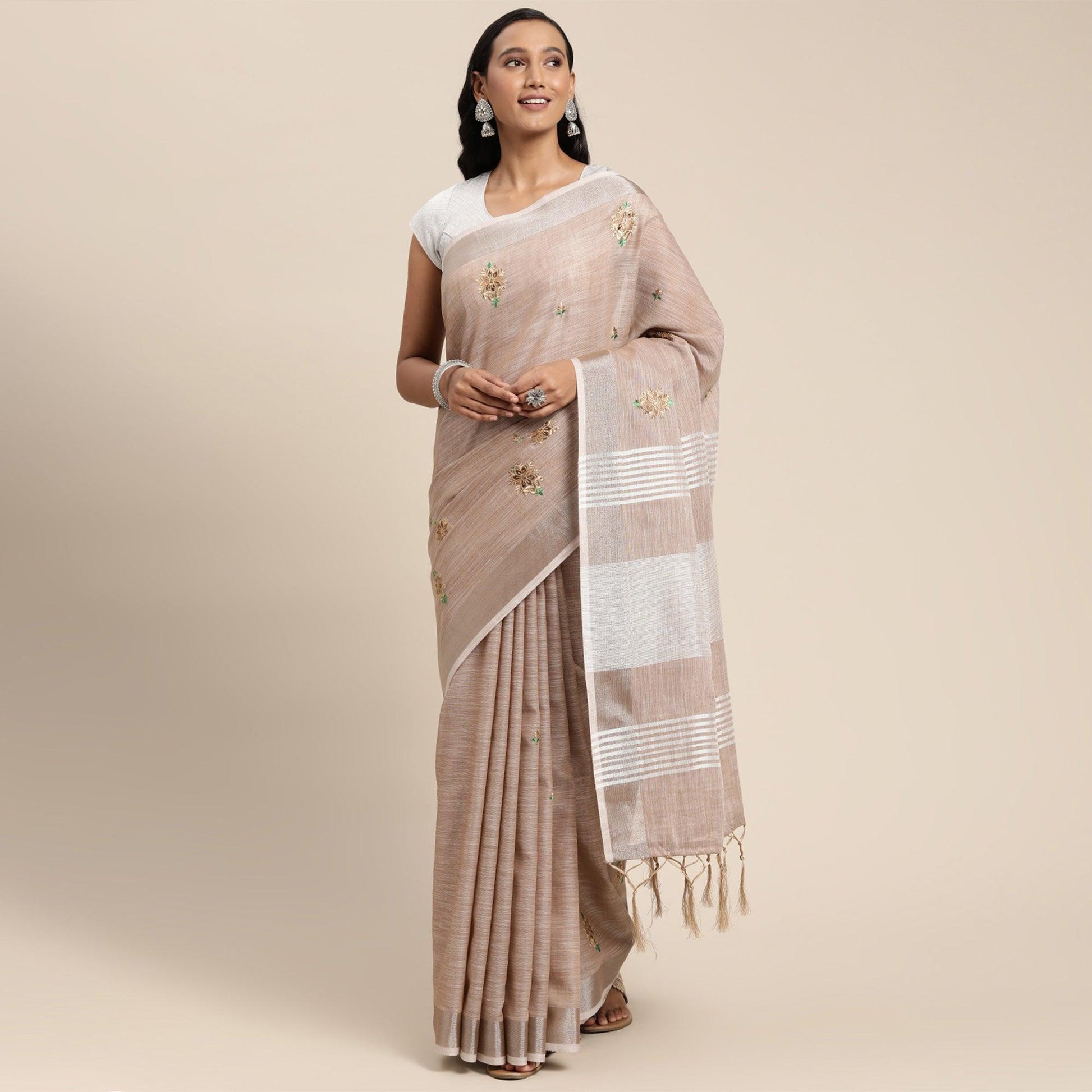 Brown Embroidered Linen Saree With Tassels