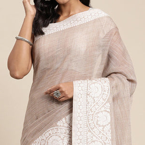 Brown Embroidered Linen Saree with Tassels