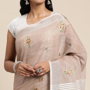 Brown Embroidered Linen Saree With Tassels