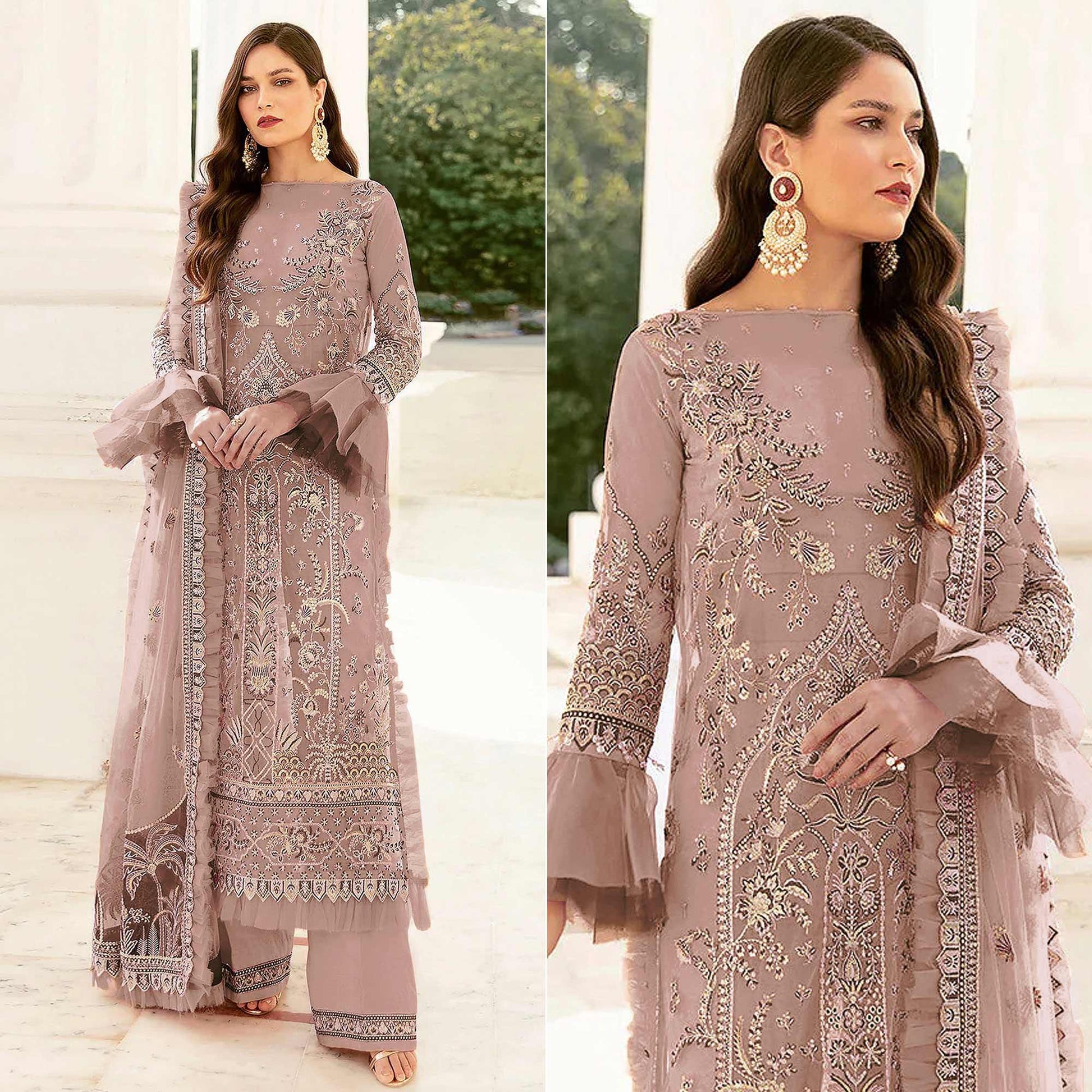 Brown Embroidered Netted Pakistani Suit