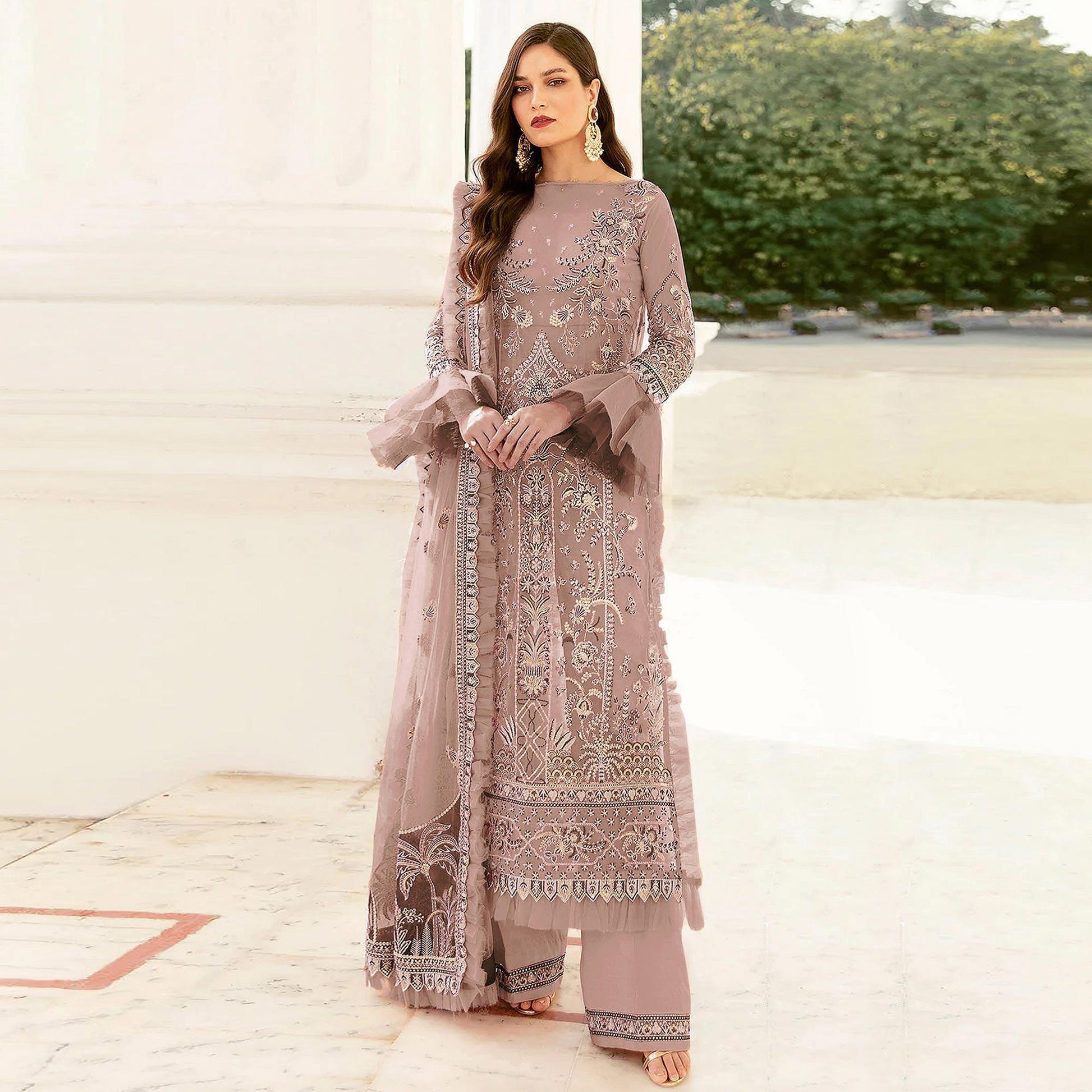 Brown Embroidered Netted Pakistani Suit