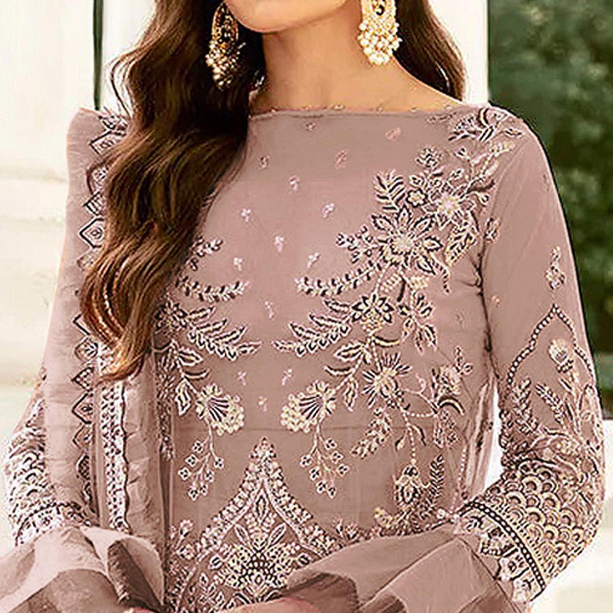 Brown Embroidered Netted Pakistani Suit