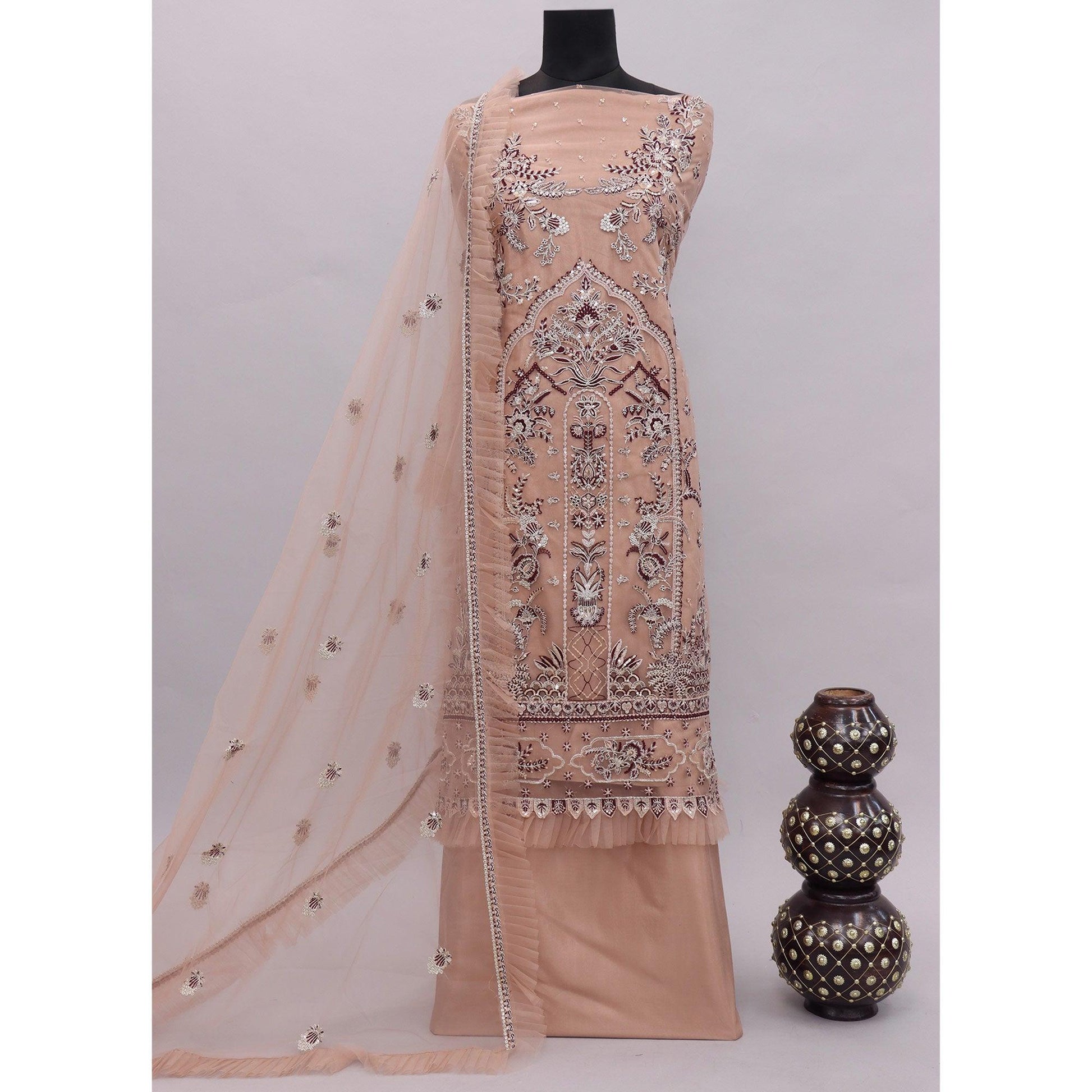 Brown Embroidered Netted Pakistani Suit