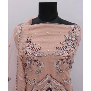 Brown Embroidered Netted Pakistani Suit