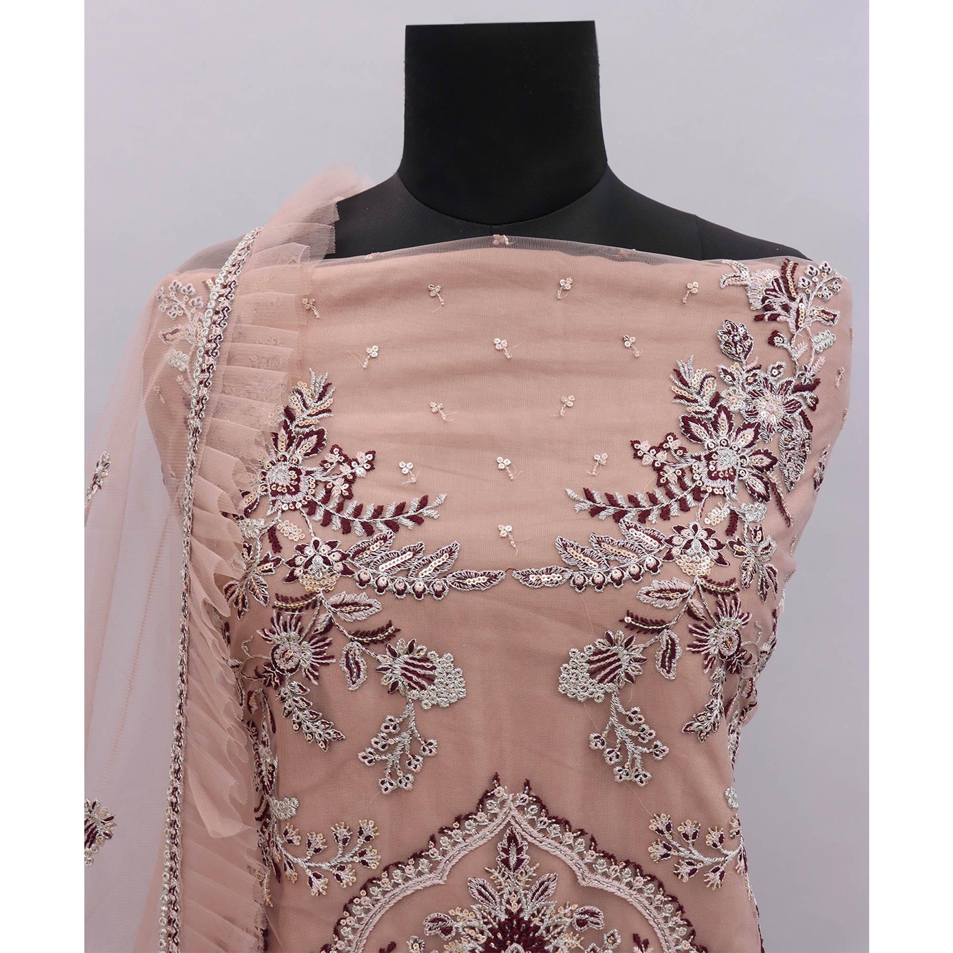 Brown Embroidered Netted Pakistani Suit