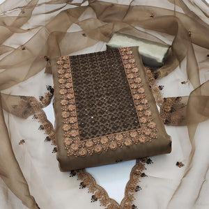 Brown Embroidered Organza Dress Material