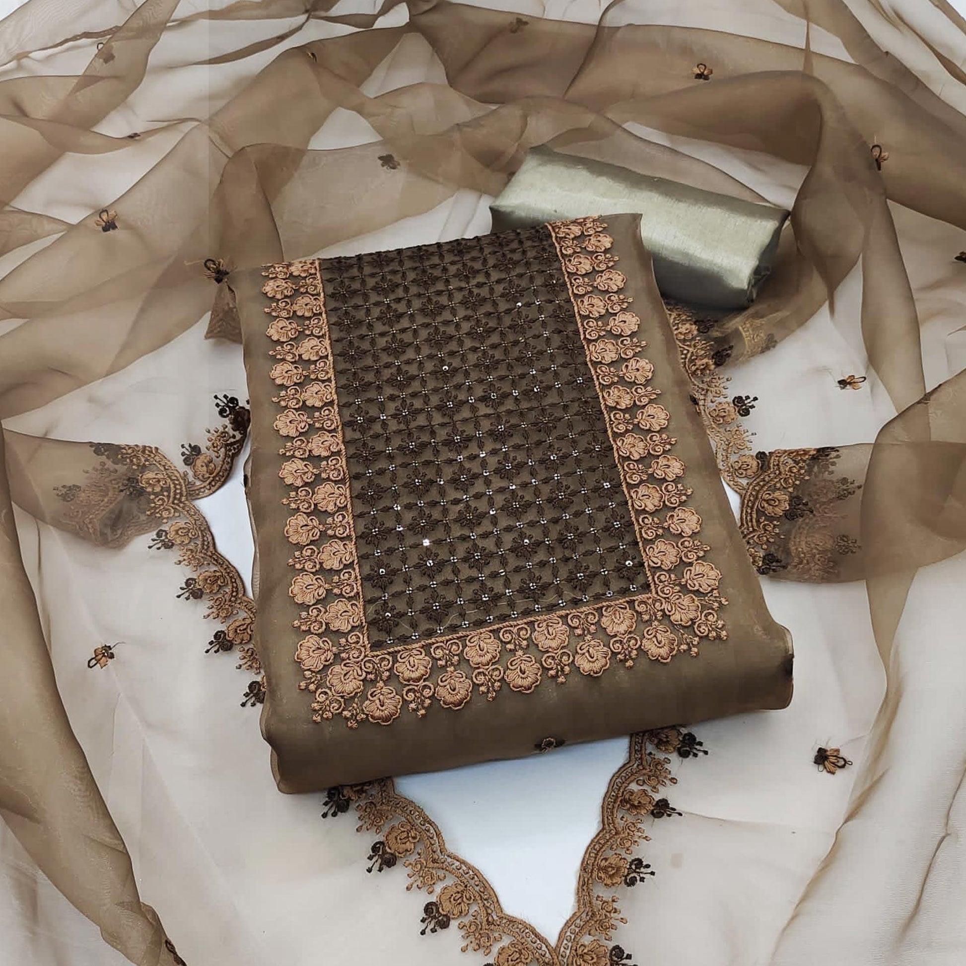Brown Embroidered Organza Dress Material