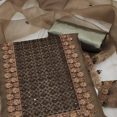 Brown Embroidered Organza Dress Material