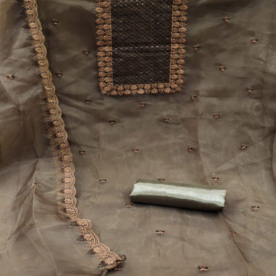 Brown Embroidered Organza Dress Material