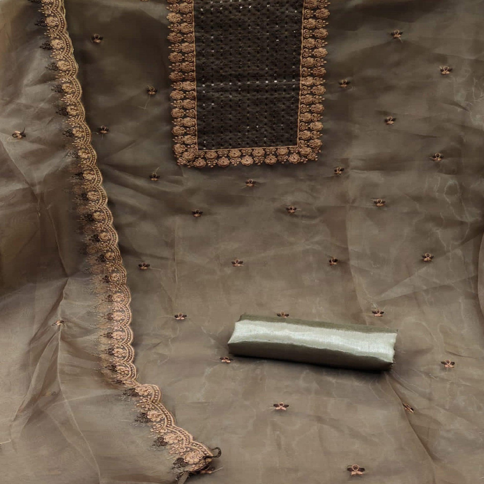 Brown Embroidered Organza Dress Material