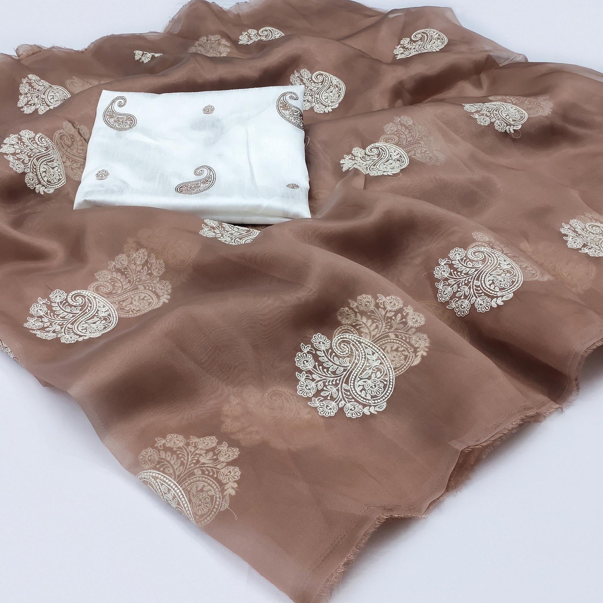 Brown Embroidered Organza Saree