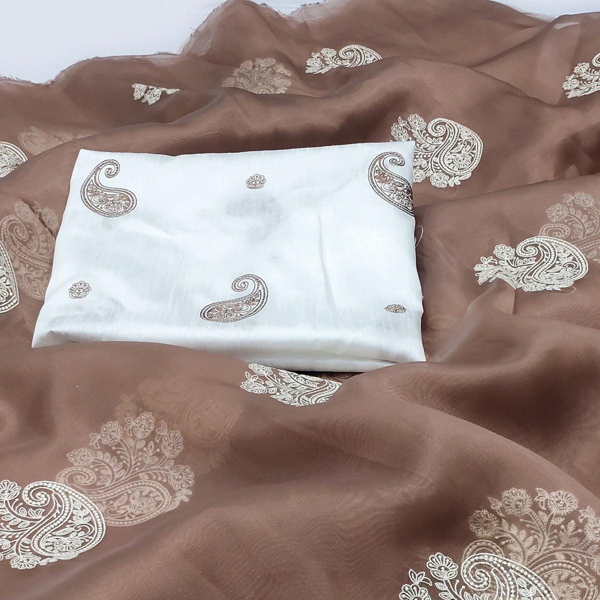 Brown Embroidered Organza Saree