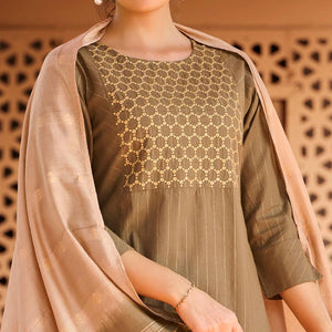 Brown Embroidered Pure Cotton Cotton Kurti Pant Set With Dupatta