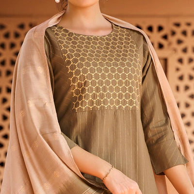 Brown Embroidered Pure Cotton Cotton Kurti Pant Set With Dupatta