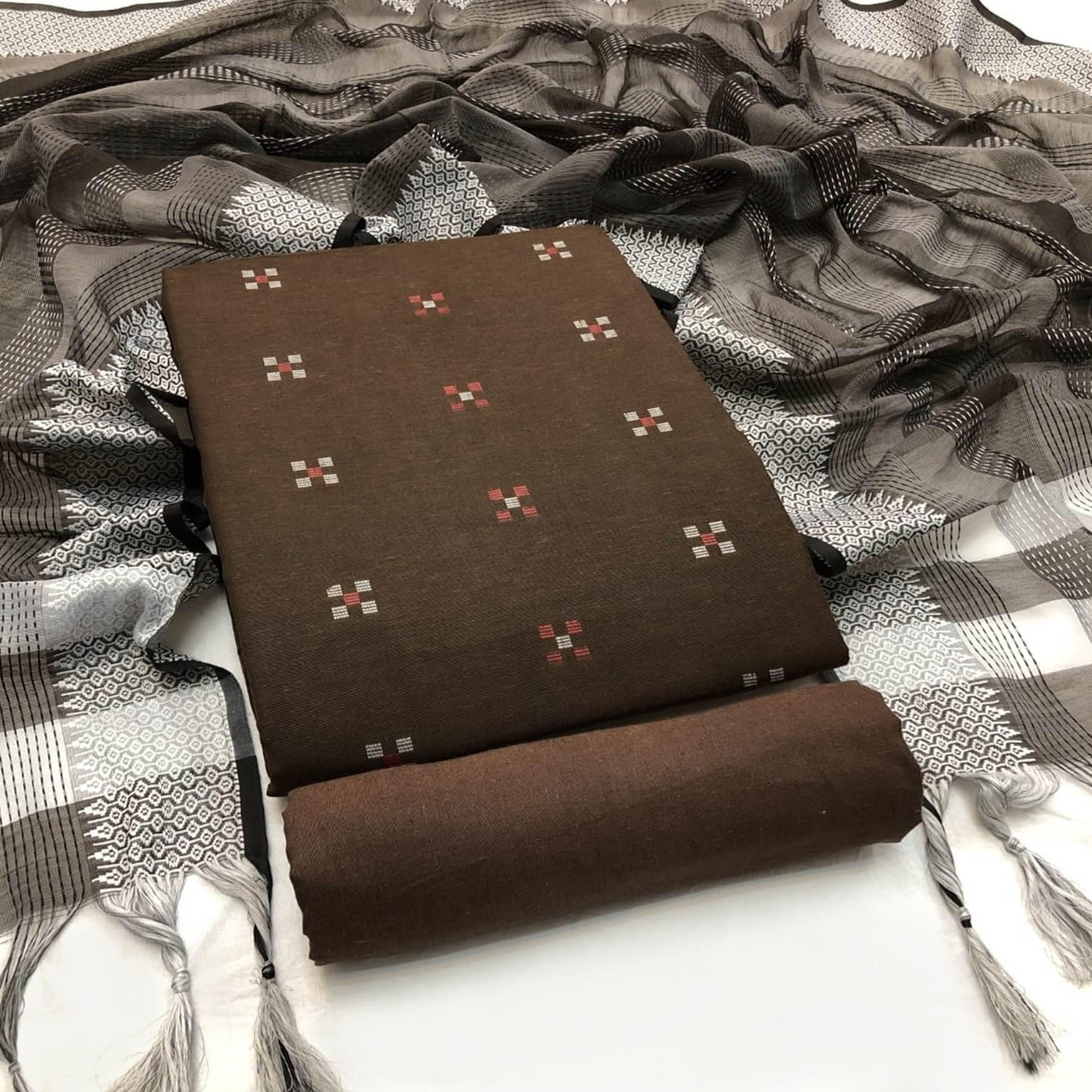 Brown Embroidered Pure Cotton Dress Material