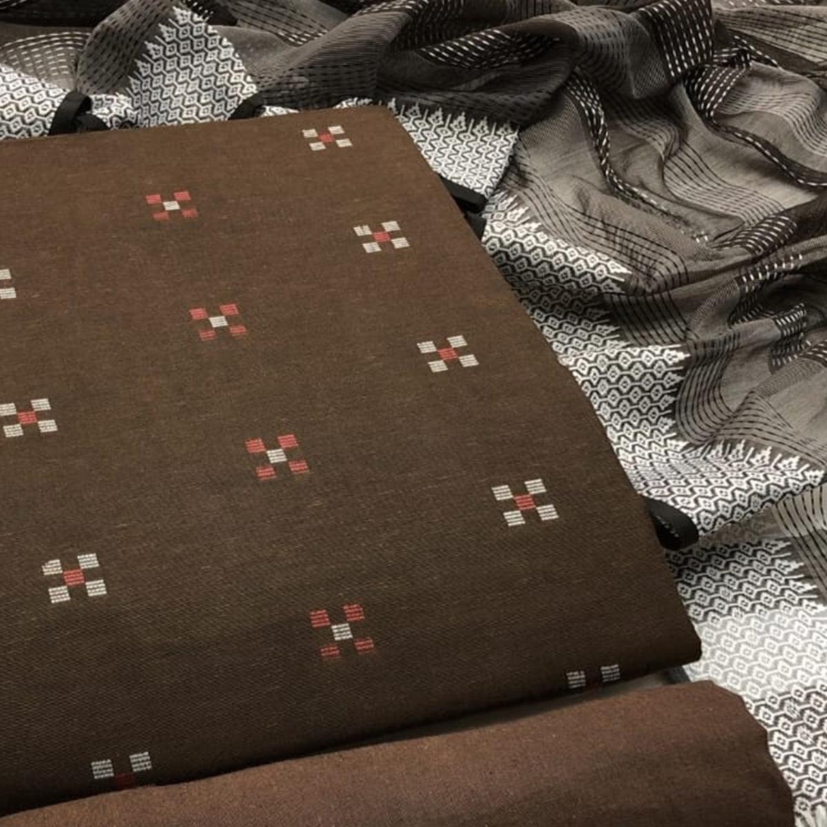 Brown Embroidered Pure Cotton Dress Material