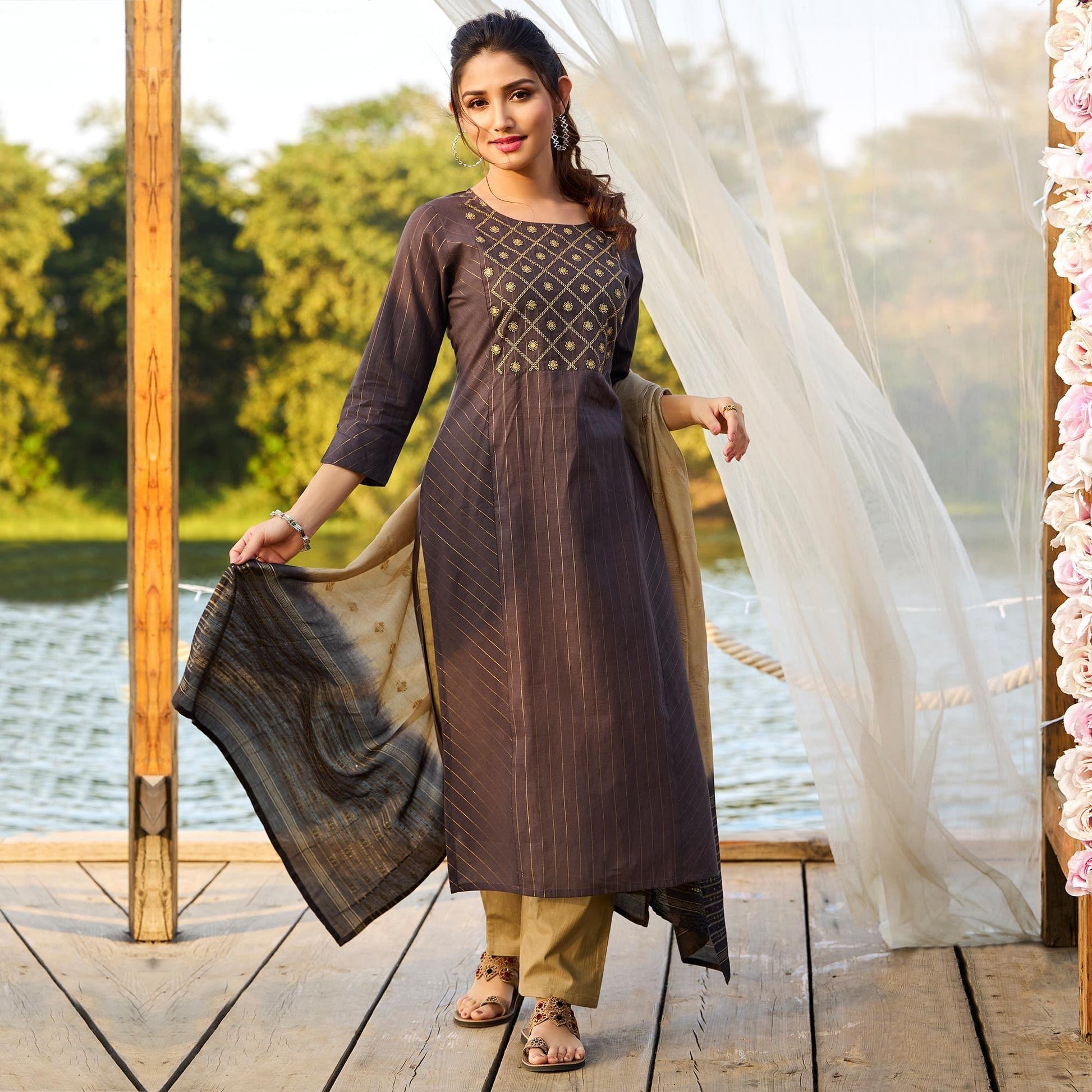 Brown Embroidered Pure Cotton Kurti Pant Set With Dupatta