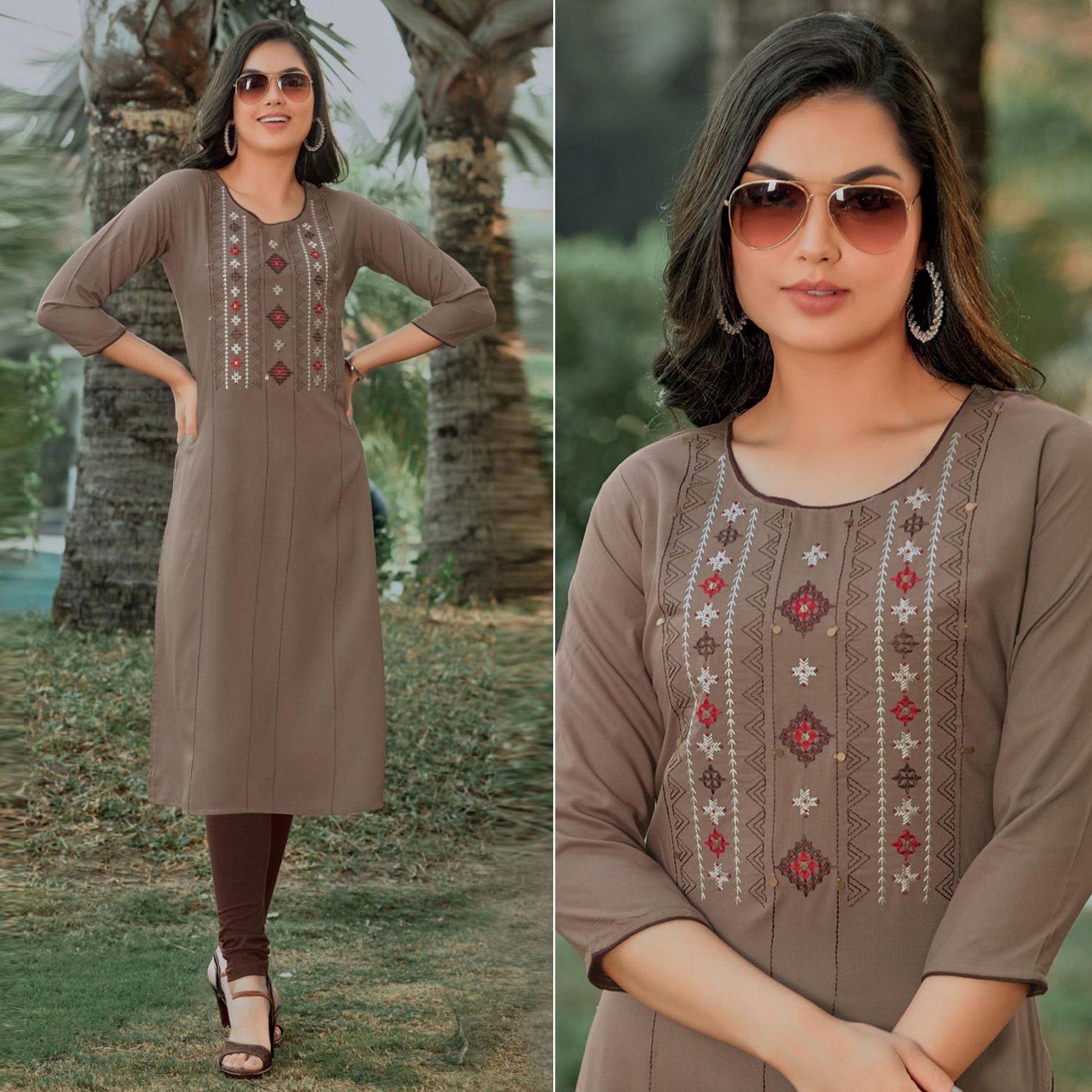 Brown Embroidered Pure Cotton Kurti