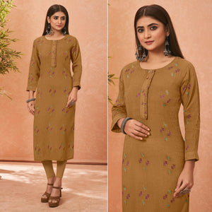 Brown Embroidered Pure Cotton Kurti