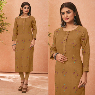 Brown Embroidered Pure Cotton Kurti