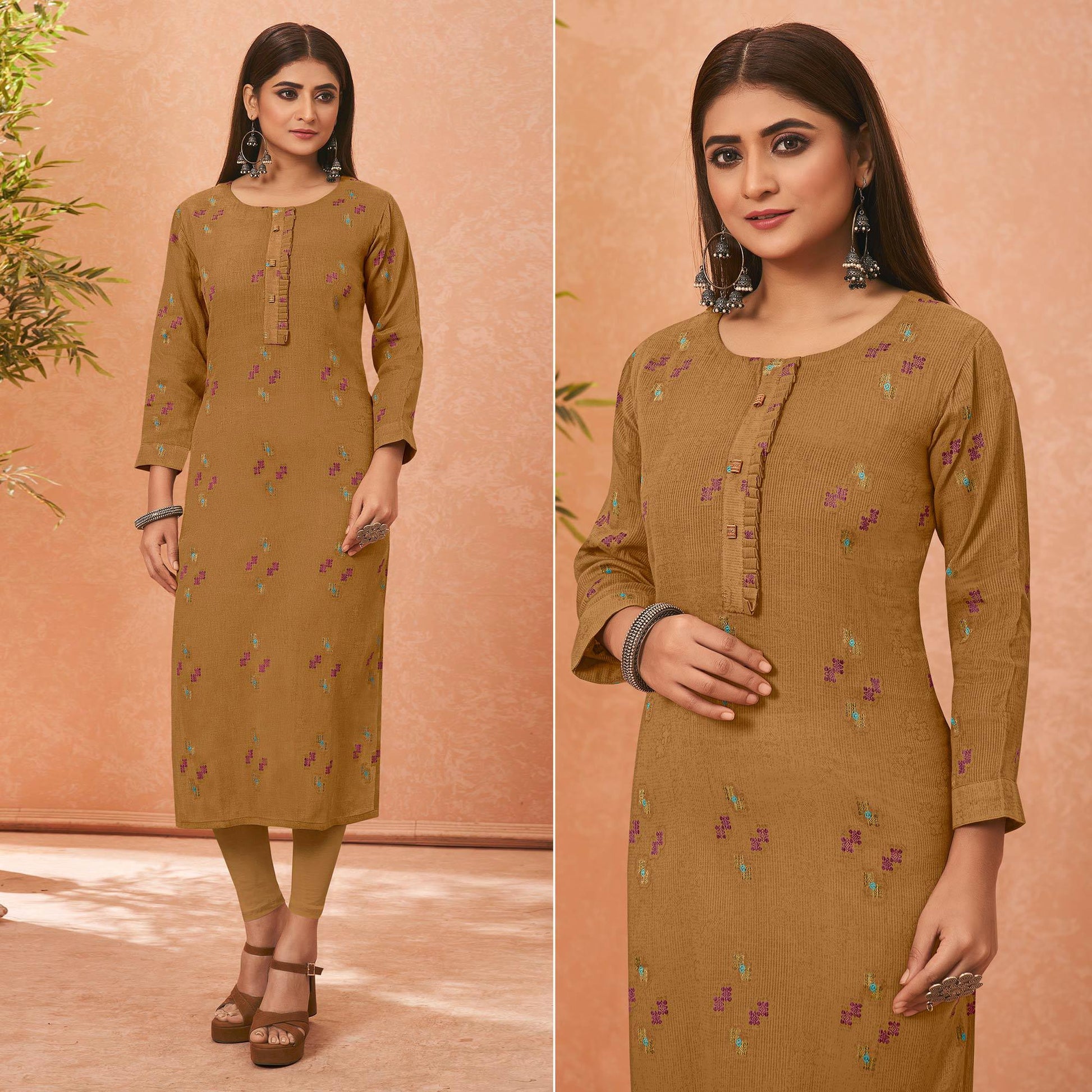 Brown Embroidered Pure Cotton Kurti