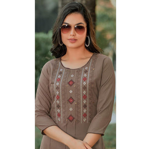 Brown Embroidered Pure Cotton Kurti