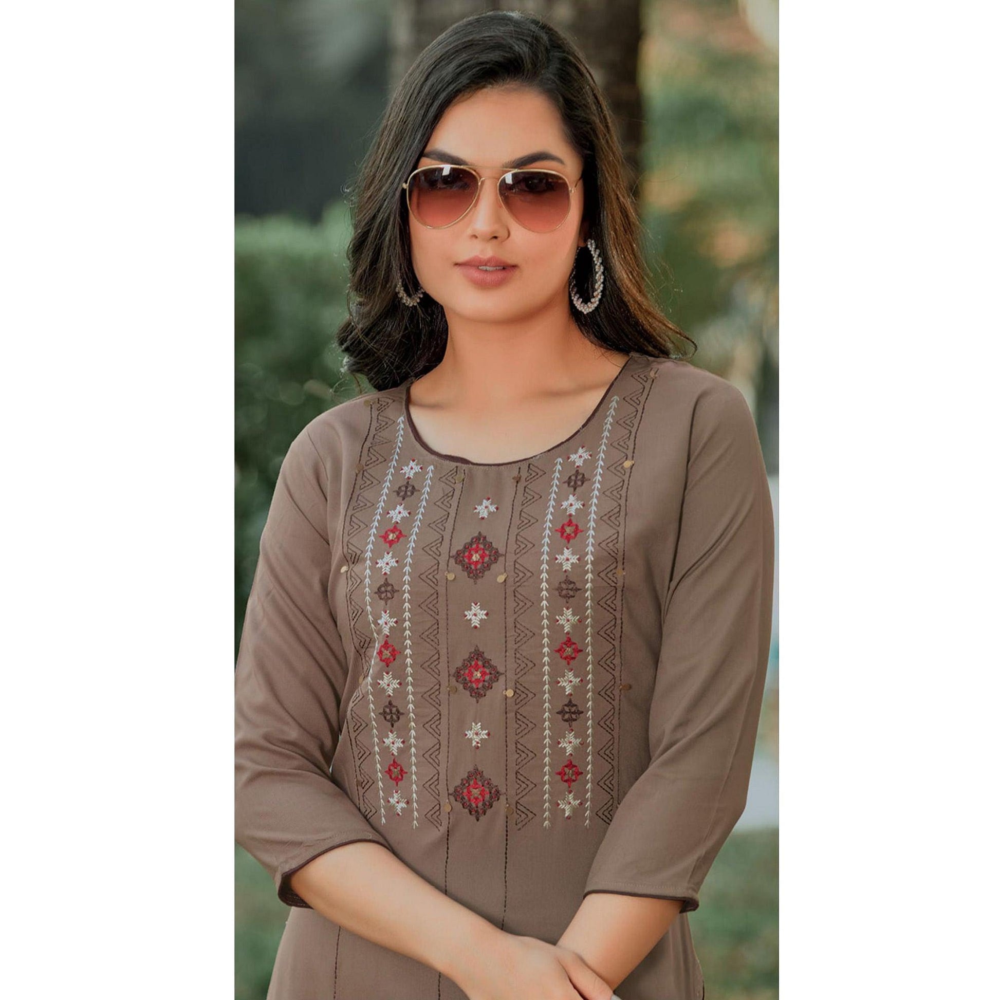 Brown Embroidered Pure Cotton Kurti